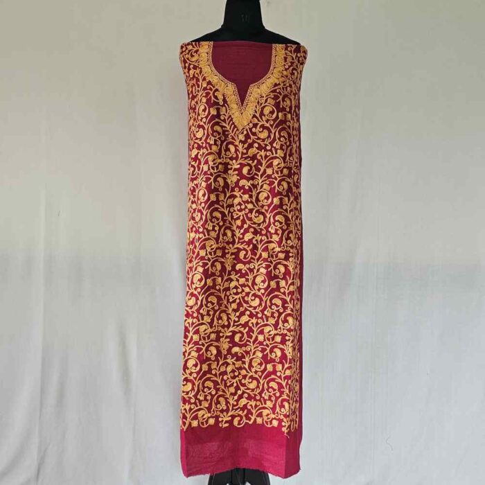 Kashmiri Maroon Cotton 2PC Unstitched Suit Fabric With All over Jaal Badami Work – Khayam