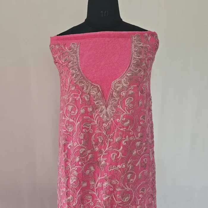 Kashmiri Pink Cotton 2PC Unstitched Suit Fabric With All over Jaal Badami Work - Khayam - Image 2
