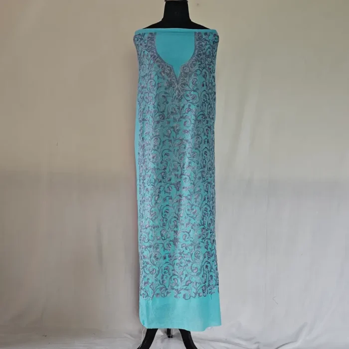 Kashmiri Light Sea Green Cotton 2PC Unstitched Suit Fabric With All over Jaal Badami Work - Khayam