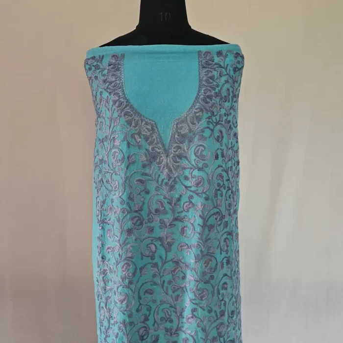 Kashmiri Light Sea Green Cotton 2PC Unstitched Suit Fabric With All over Jaal Badami Work - Khayam - Image 2