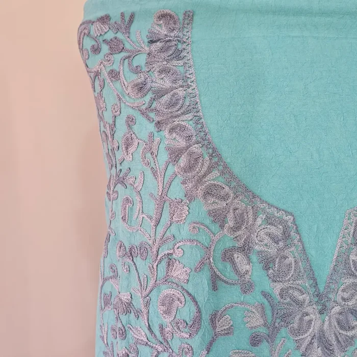 Kashmiri Light Sea Green Cotton 2PC Unstitched Suit Fabric With All over Jaal Badami Work - Khayam - Image 3