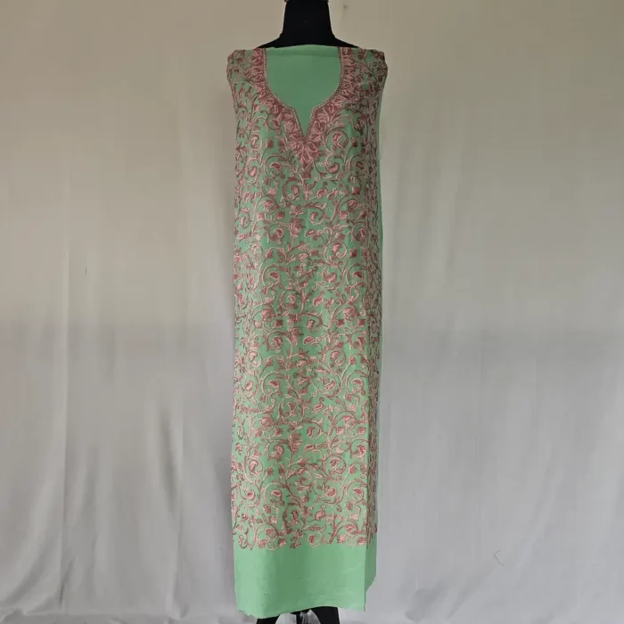 Green Kashmiri Cotton 2PC Unstitched Suit Fabric With All over Jaal Badami Work - Khayam