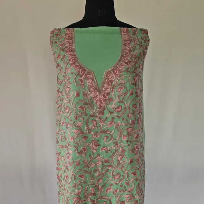 Green Kashmiri Cotton 2PC Unstitched Suit Fabric With All over Jaal Badami Work - Khayam - Image 2