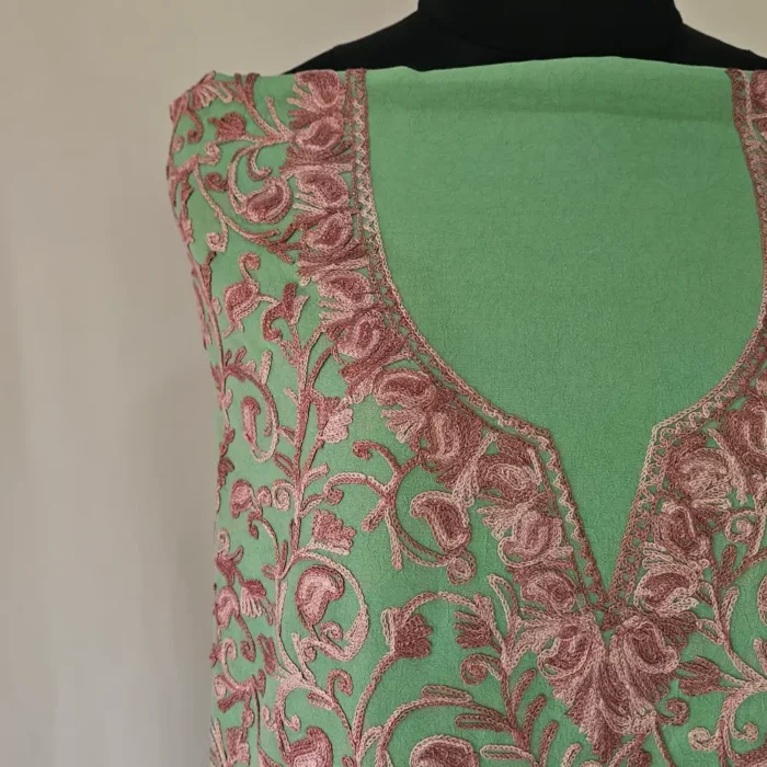 Green Kashmiri Cotton 2PC Unstitched Suit Fabric With All over Jaal Badami Work - Khayam - Image 3
