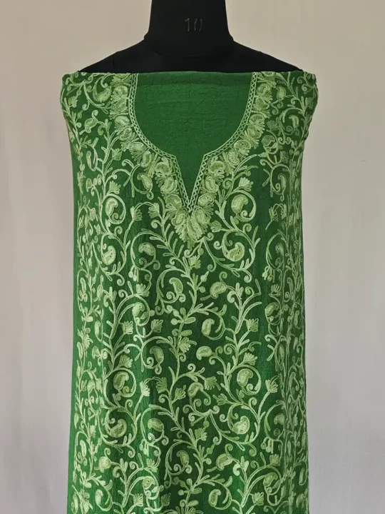 Kashmiri Cotton 2PC Green Unstitched Suit Fabric With All over Jaal Badami Work - Khayam