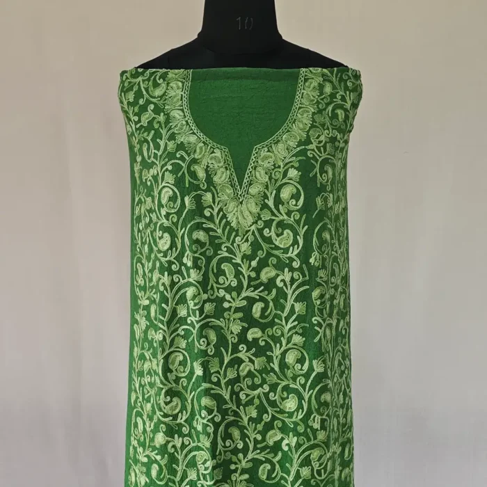 Kashmiri Cotton 2PC Green Unstitched Suit Fabric With All over Jaal Badami Work - Khayam - Image 2