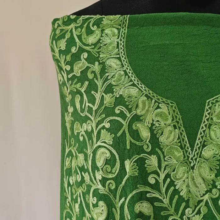 Kashmiri Cotton 2PC Green Unstitched Suit Fabric With All over Jaal Badami Work - Khayam - Image 3