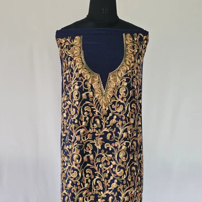 Dark Blue Kashmiri Cotton 2PC Unstitched Suit Fabric With All over Jaal Badami Work - Khayam - Image 2