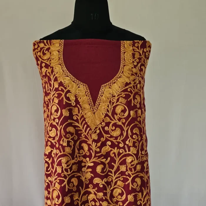 Kashmiri Maroon Cotton 2PC Unstitched Suit Fabric With All over Jaal Badami Work – Khayam - Image 2