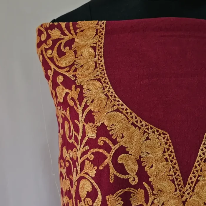 Kashmiri Maroon Cotton 2PC Unstitched Suit Fabric With All over Jaal Badami Work – Khayam - Image 3