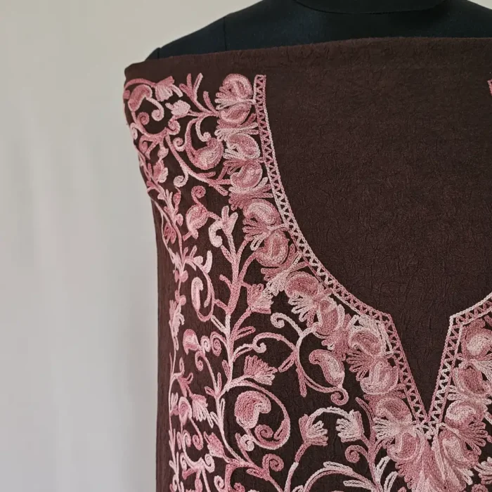 Brown Kashmiri Cotton 2PC Unstitched Suit Fabric With All over Jaal Badami Work – Khayam - Image 3
