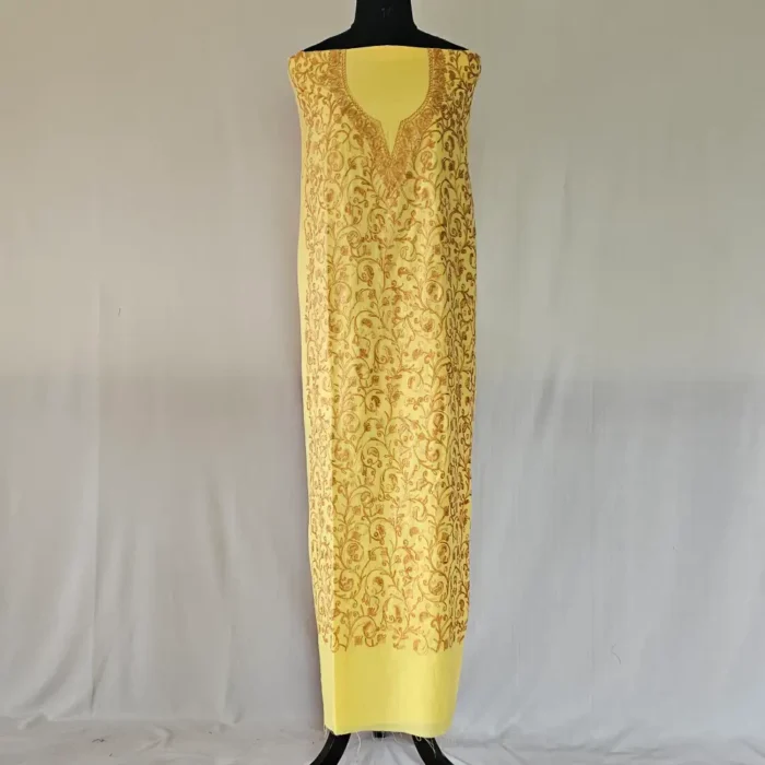 Kashmiri Cotton 2PC Unstitched Yellow Suit Fabric With All over Jaal Badami Work – Khayam