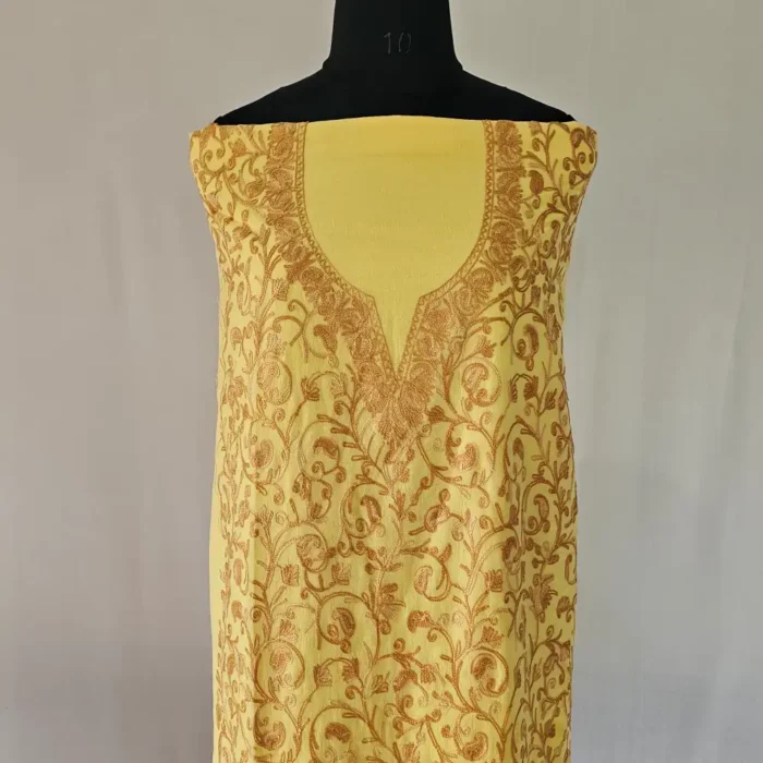 Kashmiri Cotton 2PC Unstitched Yellow Suit Fabric With All over Jaal Badami Work – Khayam - Image 2