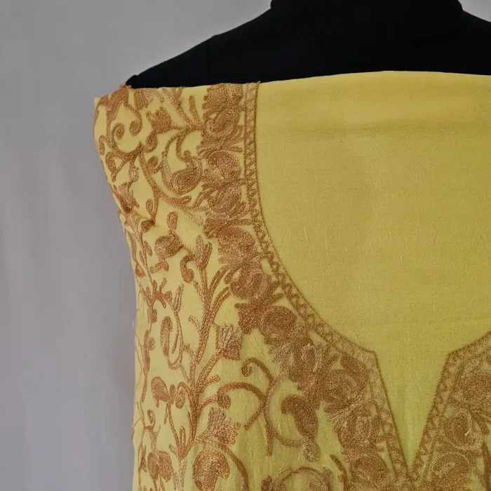 Kashmiri Cotton 2PC Unstitched Yellow Suit Fabric With All over Jaal Badami Work – Khayam - Image 3