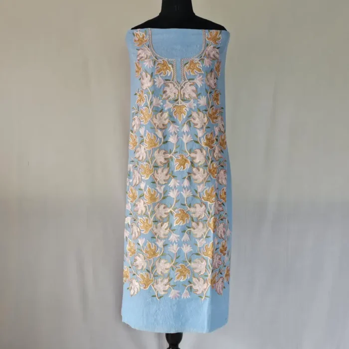 Blue 2PC Kashmiri Crush Cotton Unstitched Suit With All Over Chinari Aari work Design- Khayam