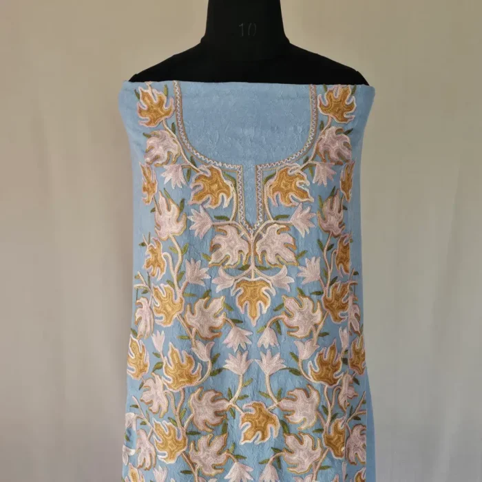 Blue 2PC Kashmiri Crush Cotton Unstitched Suit With All Over Chinari Aari work Design- Khayam - Image 2