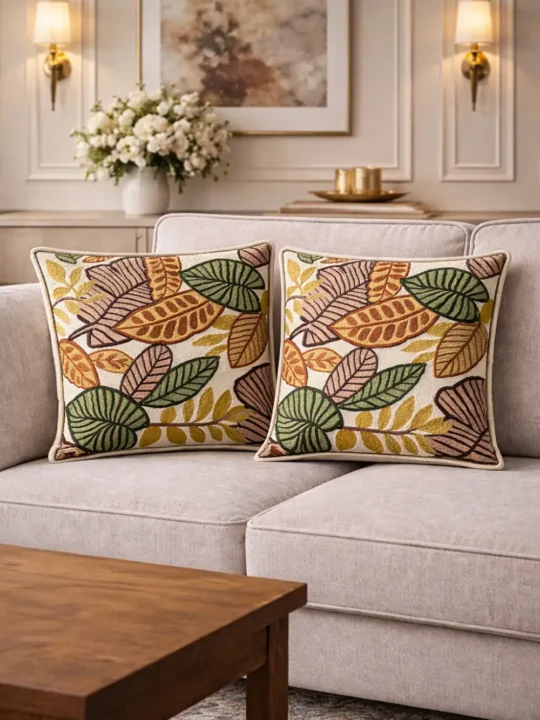 Dusoot Cotton Cushion Covers Pair with Wool Chain Stitch Embroidery (18x18)