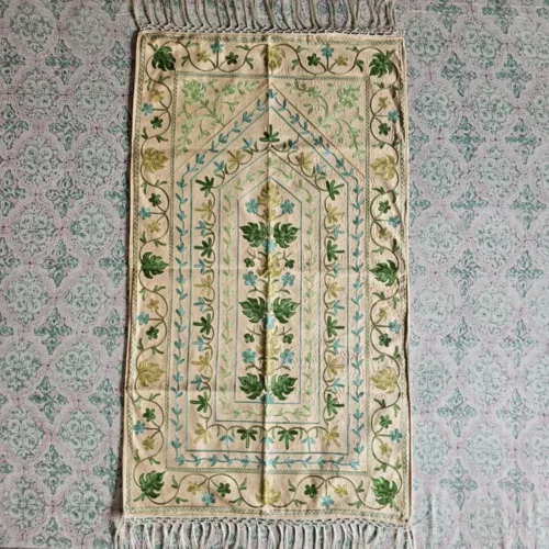 Kashmiri Beige and Green Aari Embroidered Prayer Mat (4x2 ft)