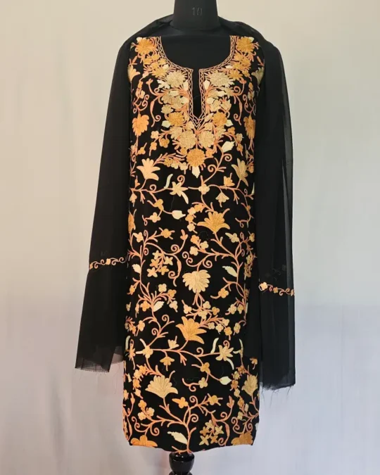 Black 3PC Ari Embroidered Georgette Kashmiri Suit Akh Rang - Dal Jheel