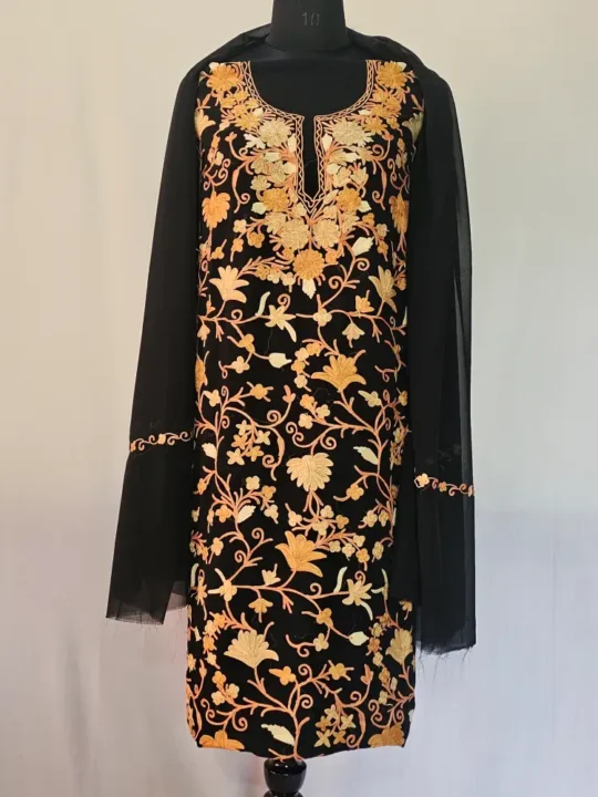 Black 3PC Ari Embroidered Georgette Kashmiri Suit Akh Rang - Dal Jheel