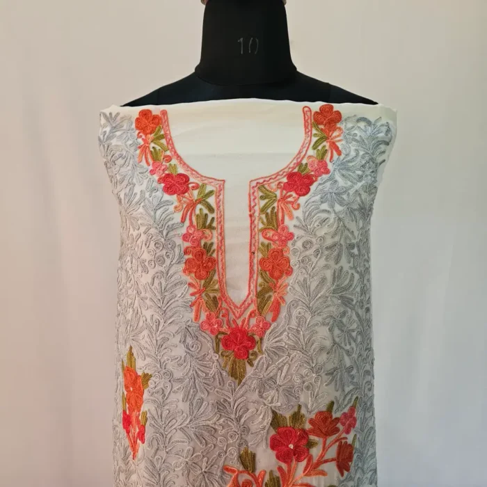Creamy 3PC Ari Embroidered Georgette Kashmiri Suit Ze Rang - Dal Jheel - Image 3