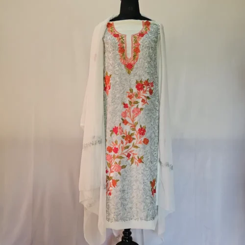 Creamy 3PC Ari Embroidered Georgette Kashmiri Suit Ze Rang - Dal Jheel
