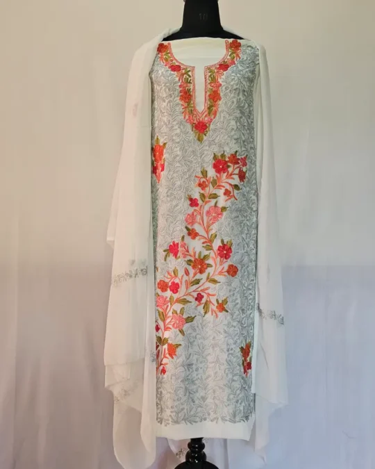 Creamy 3PC Ari Embroidered Georgette Kashmiri Suit Ze Rang - Dal Jheel