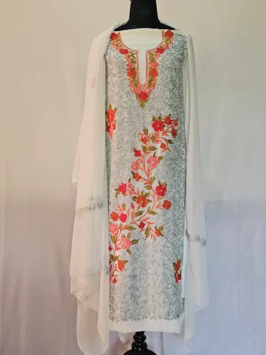 Creamy 3PC Ari Embroidered Georgette Kashmiri Suit Ze Rang - Dal Jheel