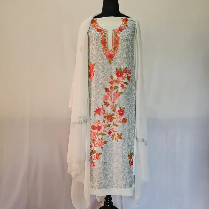 Creamy 3PC Ari Embroidered Georgette Kashmiri Suit Ze Rang - Dal Jheel