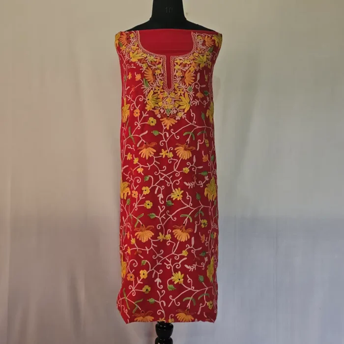 Red 3PC Ari Embroidered Georgette Kashmiri Suit Akh Rang - Dal Jheel - Image 3