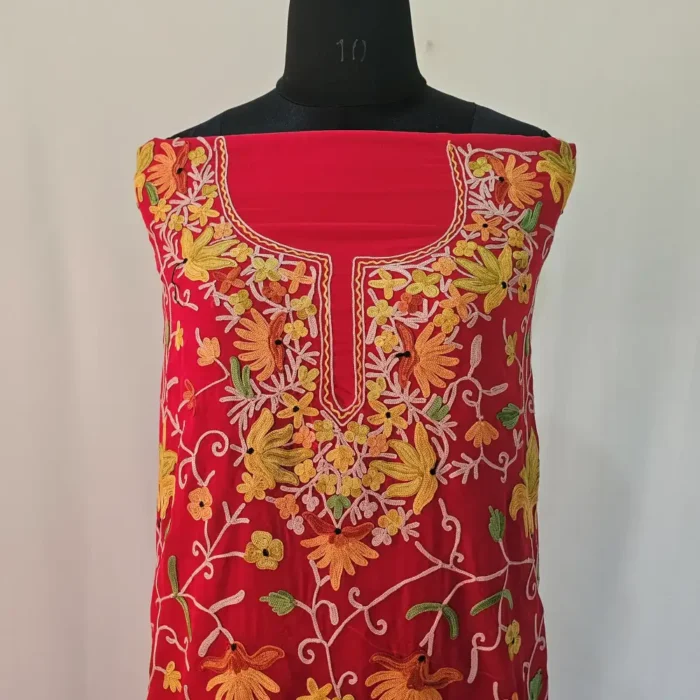 Red 3PC Ari Embroidered Georgette Kashmiri Suit Akh Rang - Dal Jheel - Image 4