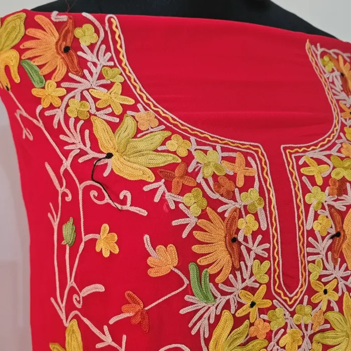 Red 3PC Ari Embroidered Georgette Kashmiri Suit Akh Rang - Dal Jheel - Image 5