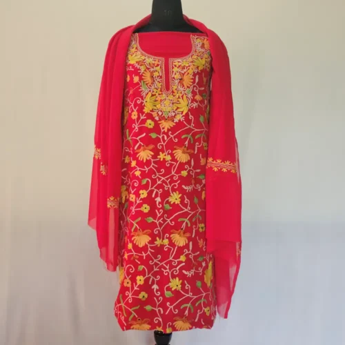 Red 3PC Ari Embroidered Georgette Kashmiri Suit Akh Rang - Dal Jheel