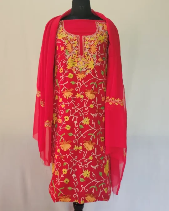 Red 3PC Ari Embroidered Georgette Kashmiri Suit Akh Rang - Dal Jheel