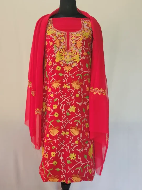 Red 3PC Ari Embroidered Georgette Kashmiri Suit Akh Rang - Dal Jheel