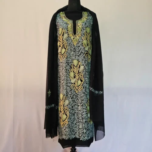 Black 3PC Ari Embroidered Georgette Kashmiri Suit Ze Rang - Dal Jheel