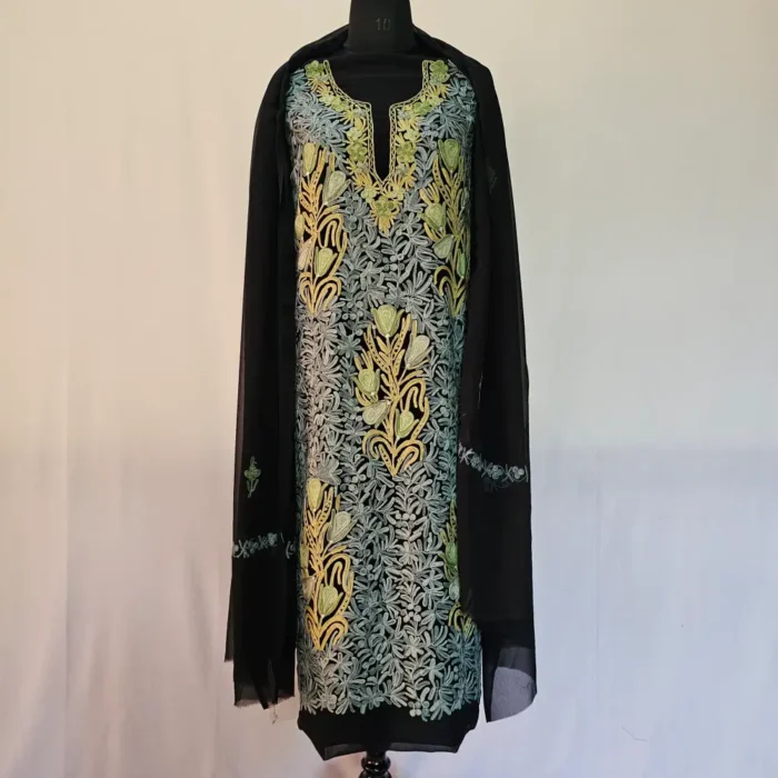 Black 3PC Ari Embroidered Georgette Kashmiri Suit Ze Rang - Dal Jheel