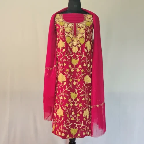 Maroon 3PC Ari Embroidered Georgette Kashmiri Suit Akh Rang - Dal Jheel