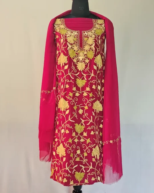 Maroon 3PC Ari Embroidered Georgette Kashmiri Suit Akh Rang - Dal Jheel
