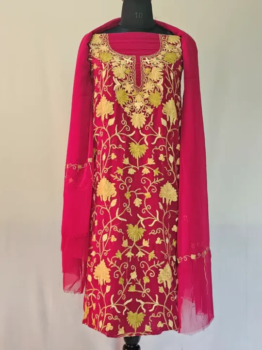 Maroon 3PC Ari Embroidered Georgette Kashmiri Suit Akh Rang - Dal Jheel