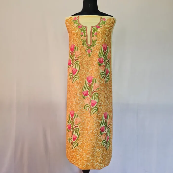 Yellow 3PC Ari Embroidered Georgette Kashmiri Suit Ze Rang - Dal Jheel - Image 2