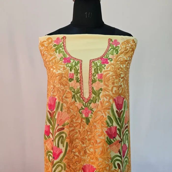 Yellow 3PC Ari Embroidered Georgette Kashmiri Suit Ze Rang - Dal Jheel - Image 3
