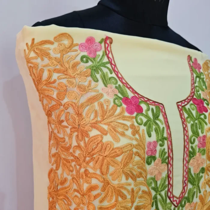 Yellow 3PC Ari Embroidered Georgette Kashmiri Suit Ze Rang - Dal Jheel - Image 4