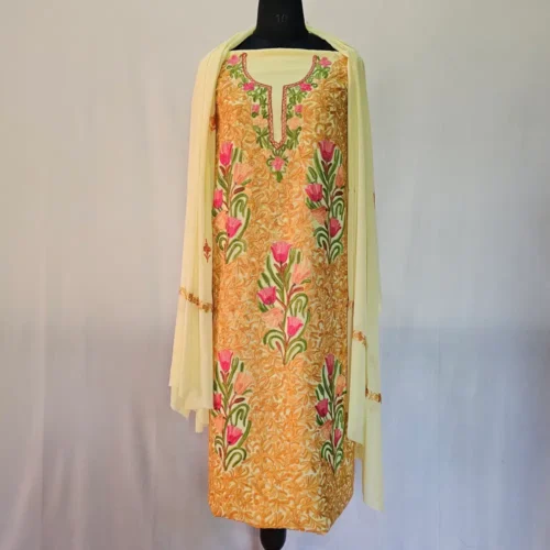 Yellow 3PC Ari Embroidered Georgette Kashmiri Suit Ze Rang - Dal Jheel