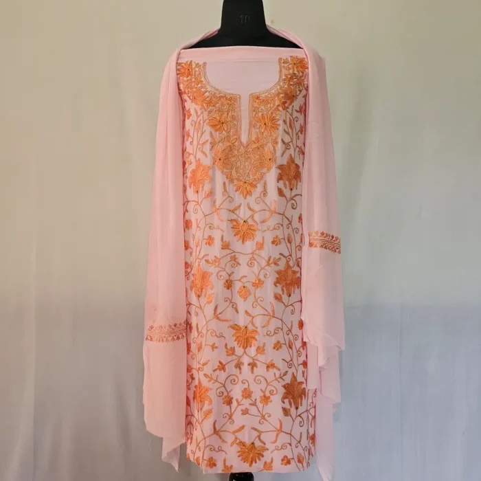 Baby Pink 3PC Ari Embroidered Georgette Kashmiri Suit Akh Rang - Dal Jheel