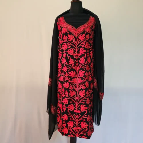 Black 3PC Ari Embroidered Georgette Kashmiri Suit Ze Rang - Dal Jheel