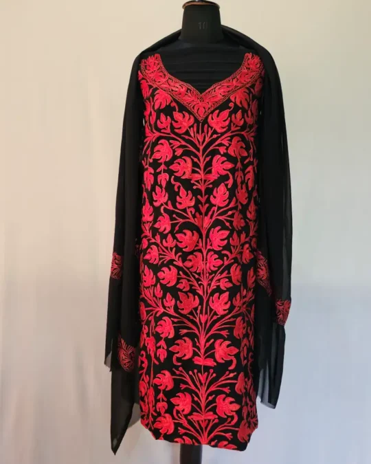 Black 3PC Ari Embroidered Georgette Kashmiri Suit Ze Rang - Dal Jheel