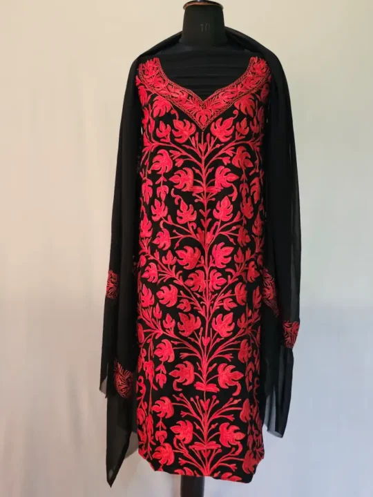 Black 3PC Ari Embroidered Georgette Kashmiri Suit Ze Rang - Dal Jheel