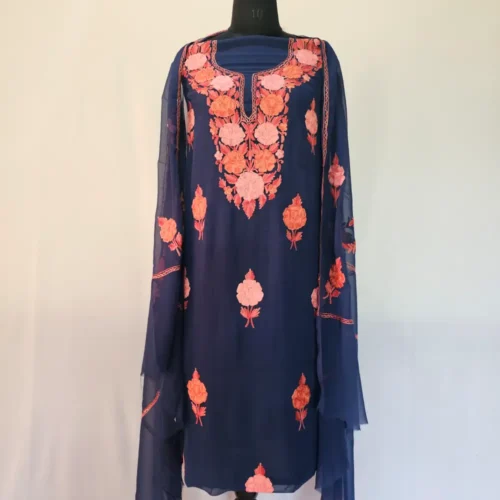 Dark Blue 3PC Ari Embroidered Georgette Kashmiri Suit Akh Rang - Dal Jheel