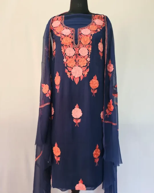 Dark Blue 3PC Ari Embroidered Georgette Kashmiri Suit Akh Rang - Dal Jheel